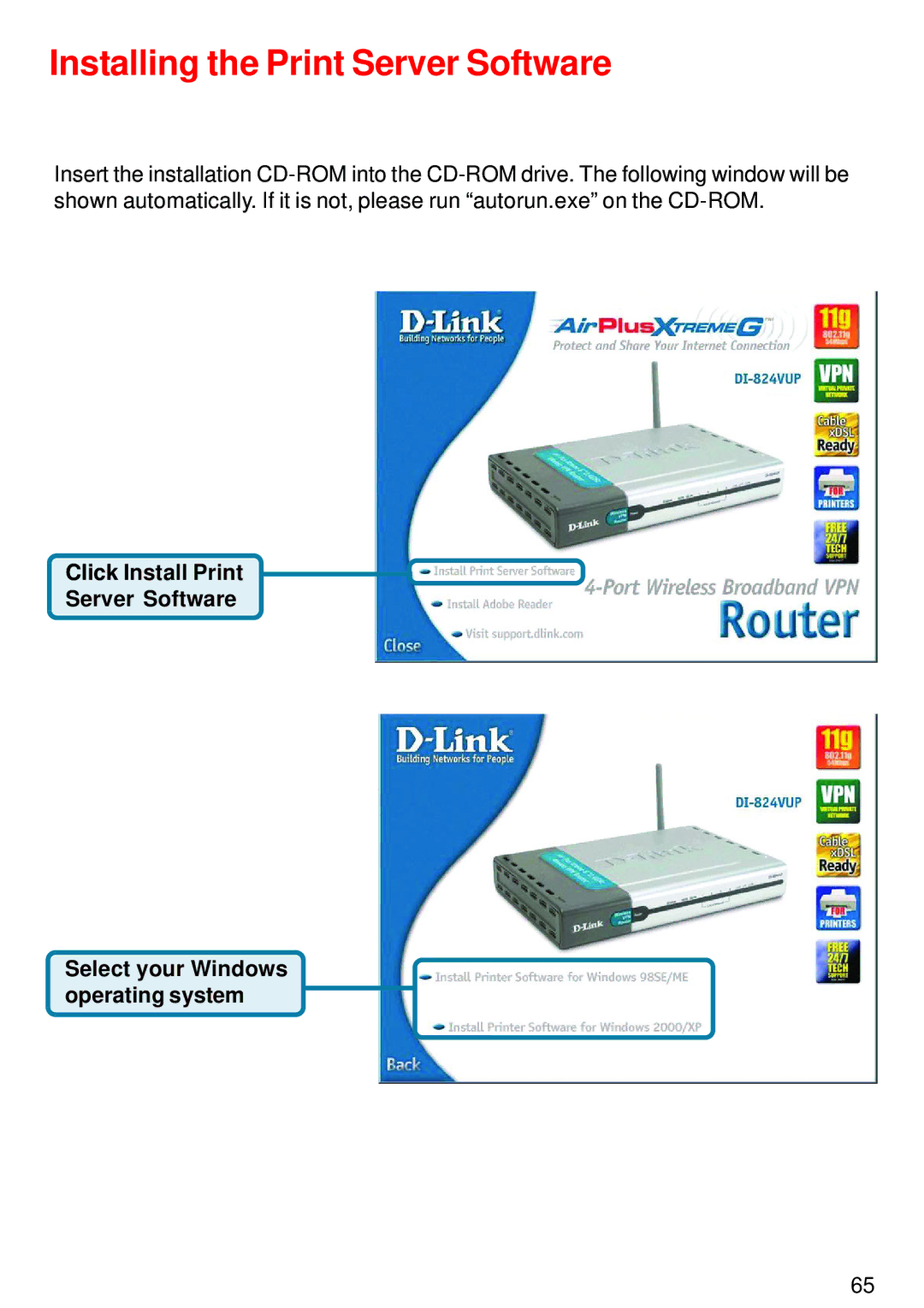 D-Link DI-824VUP manual Installing the Print Server Software 