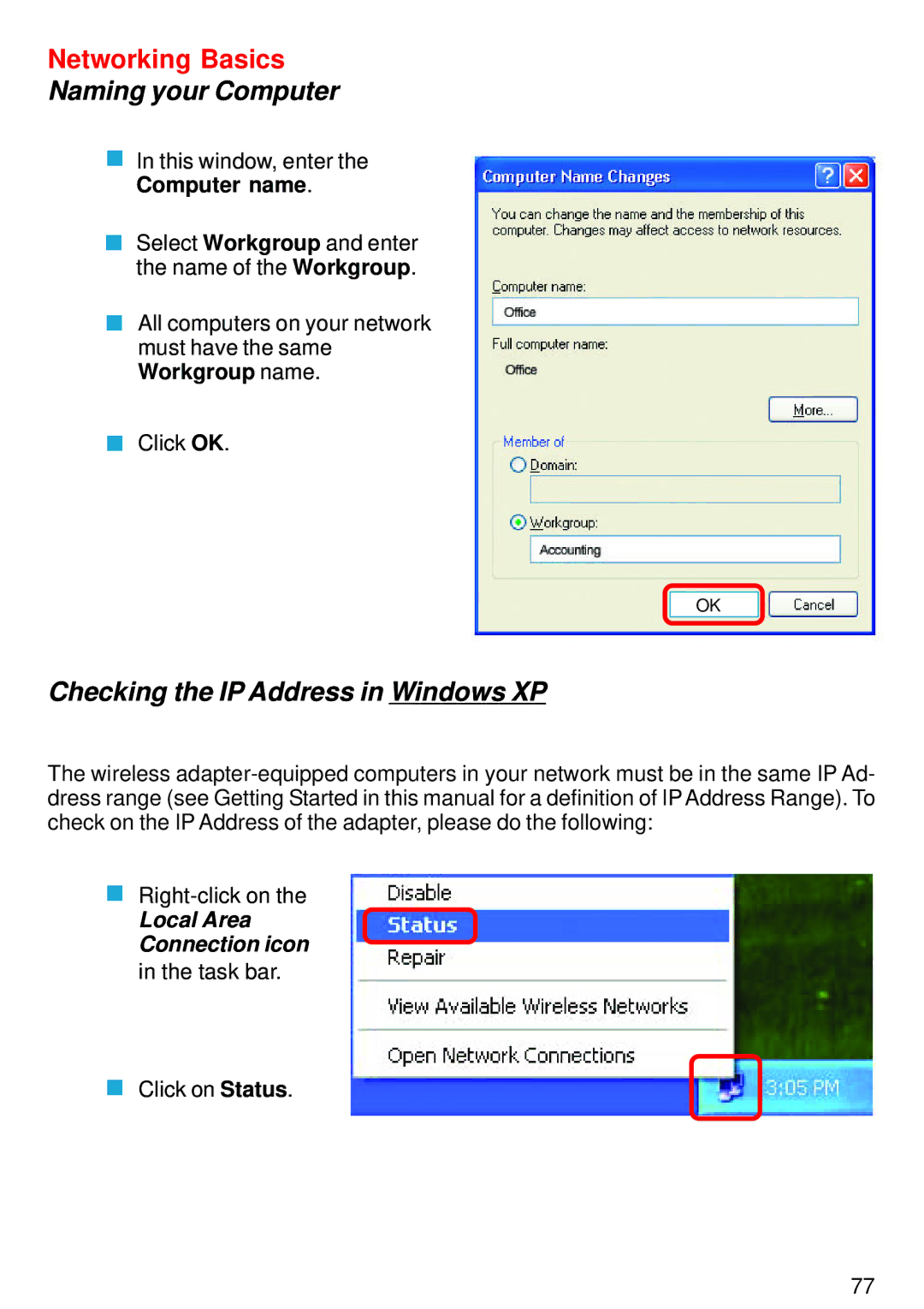 D-Link DI-824VUP manual Checking the IP Address in Windows XP, Computer name 