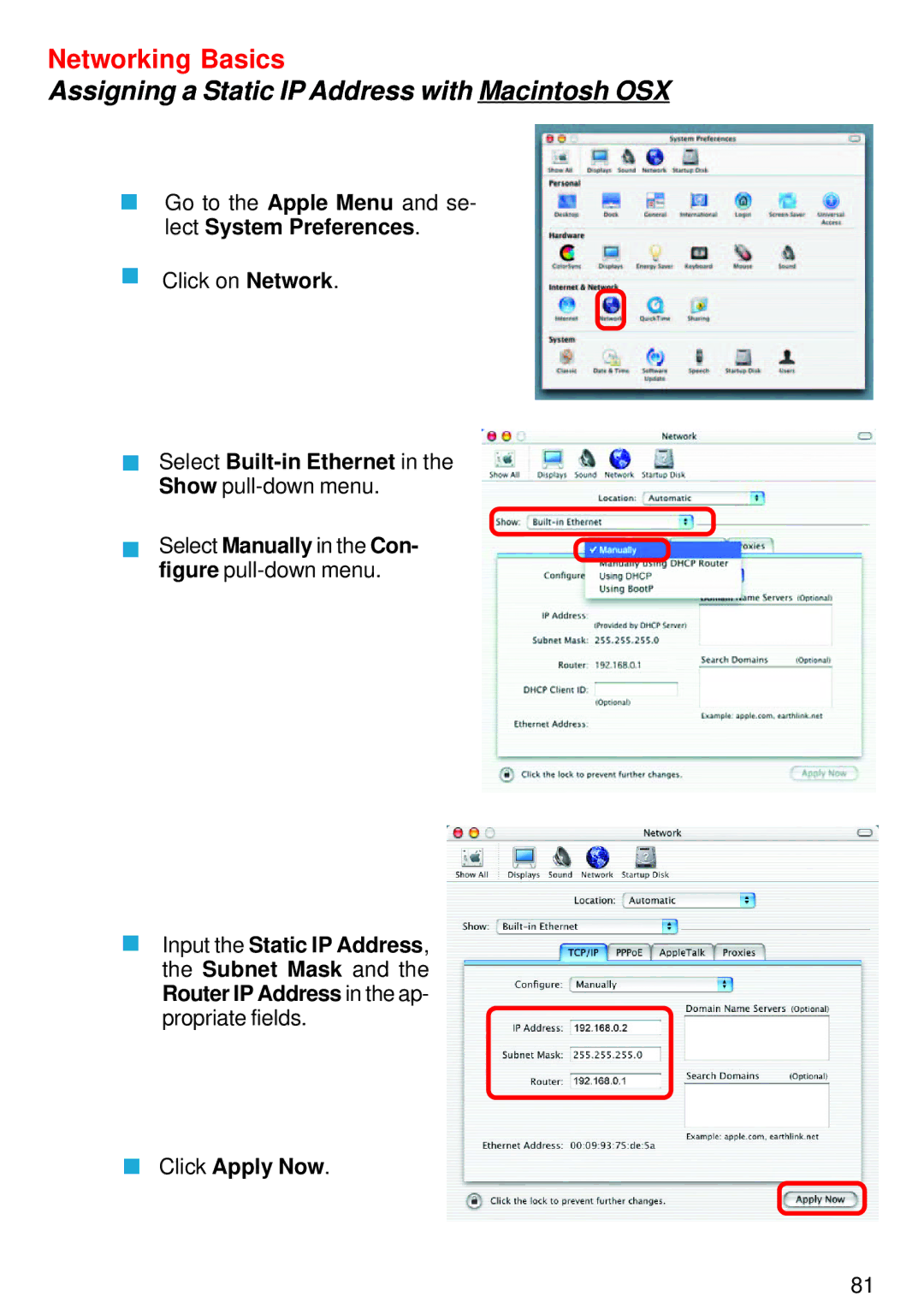 D-Link DI-824VUP manual Select Built-in Ethernet, Click Apply Now 