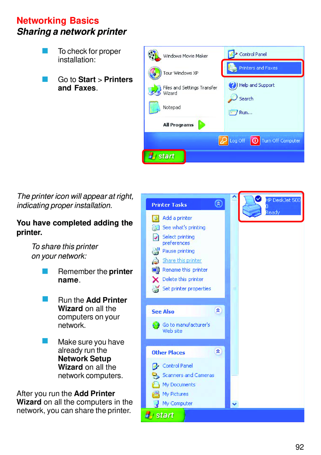 D-Link DI-824VUP manual You have completed adding the printer, Network Setup Wizard on all the network computers 