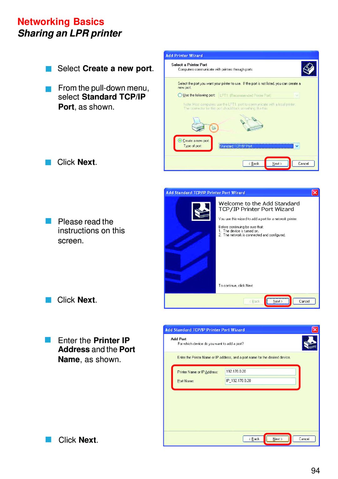 D-Link DI-824VUP manual Select Create a new port, Address and the Port 