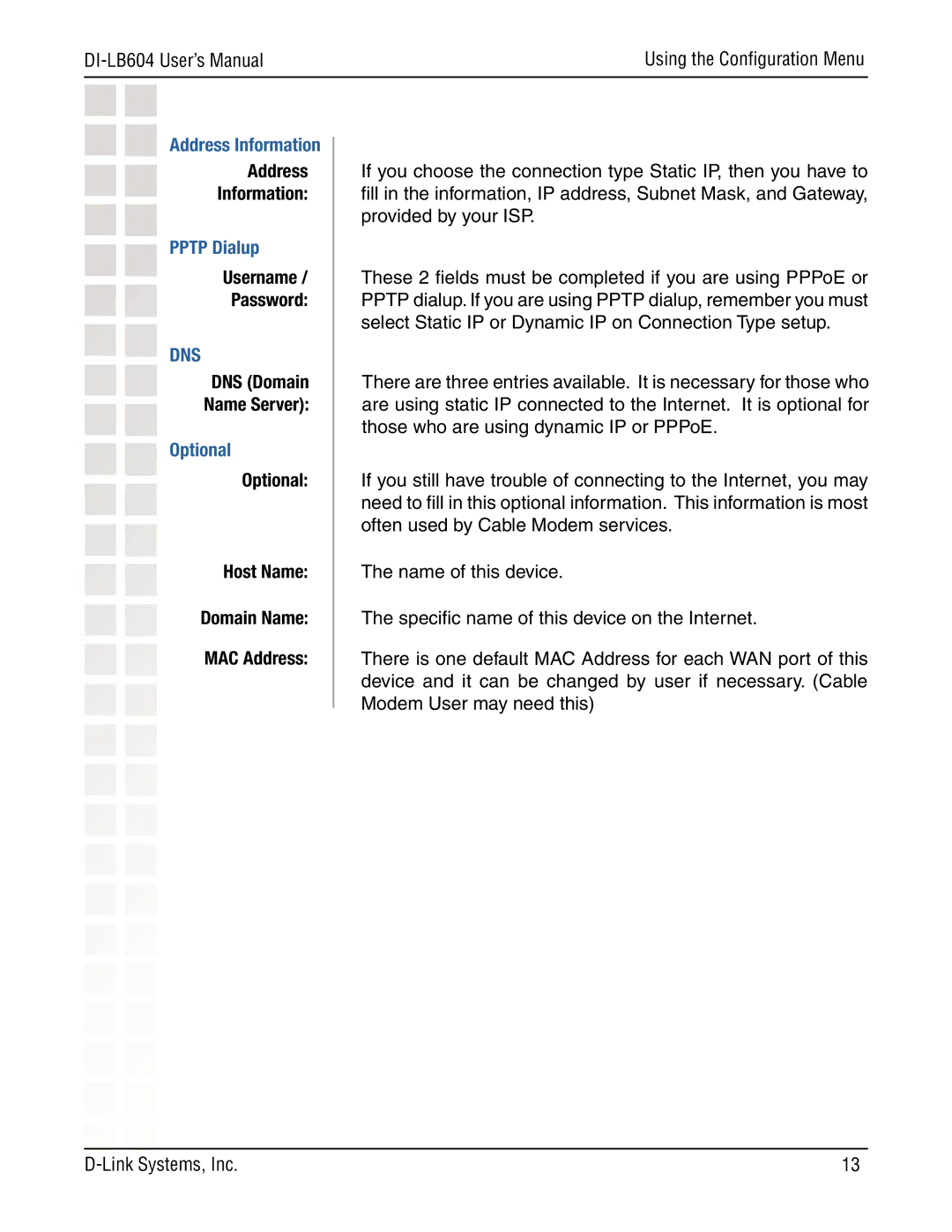 D-Link DI-LB604 manual Address Information, Pptp Dialup, Optional 