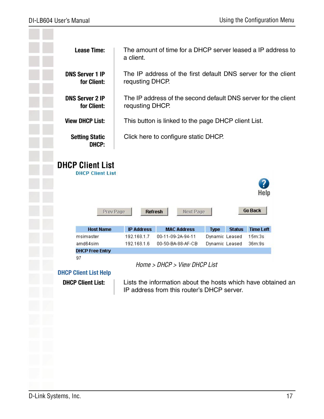 D-Link DI-LB604 manual Lease Time, View Dhcp List Setting Static, Dhcp Client List Help, Home Dhcp View Dhcp List 