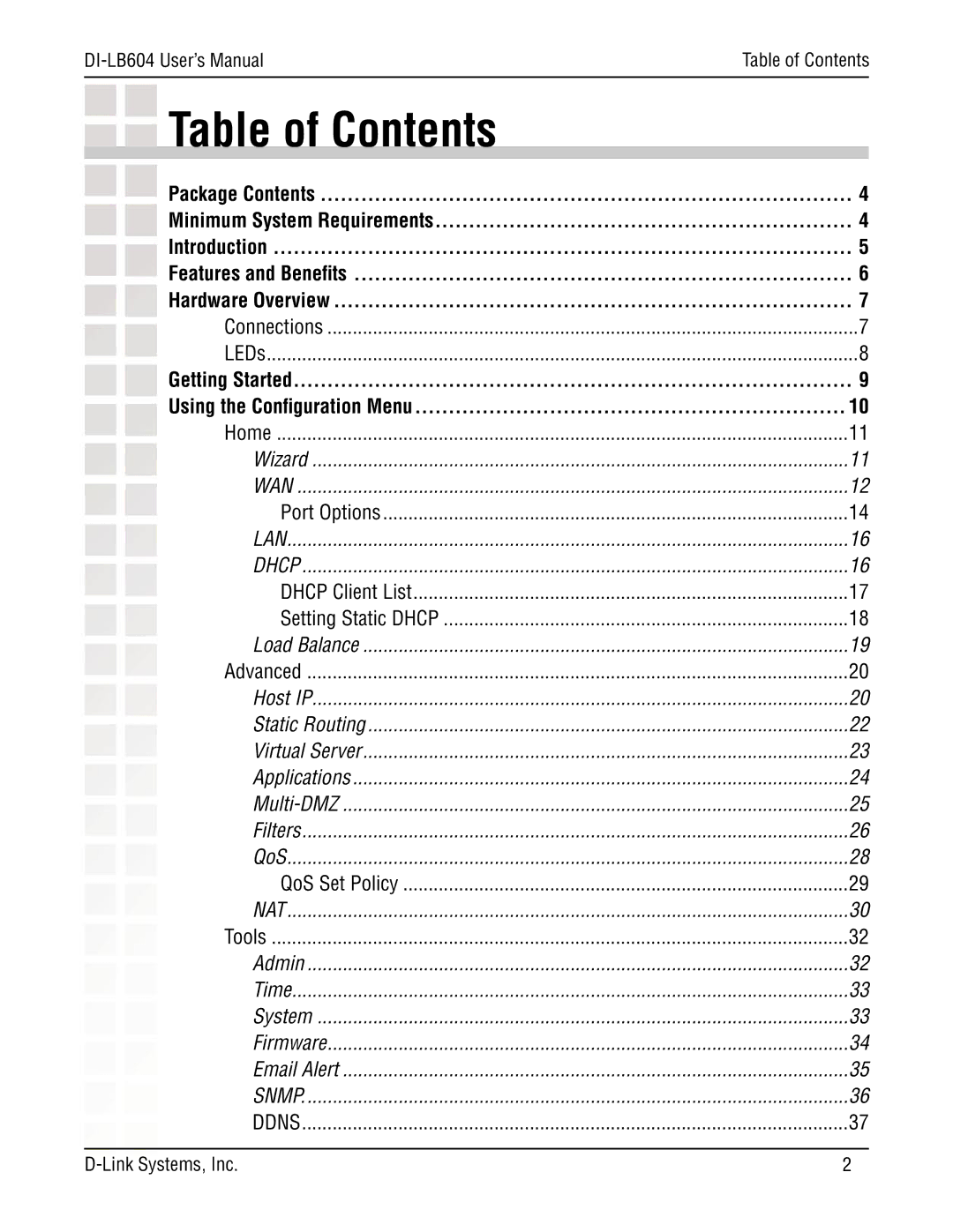 D-Link DI-LB604 manual Table of Contents 