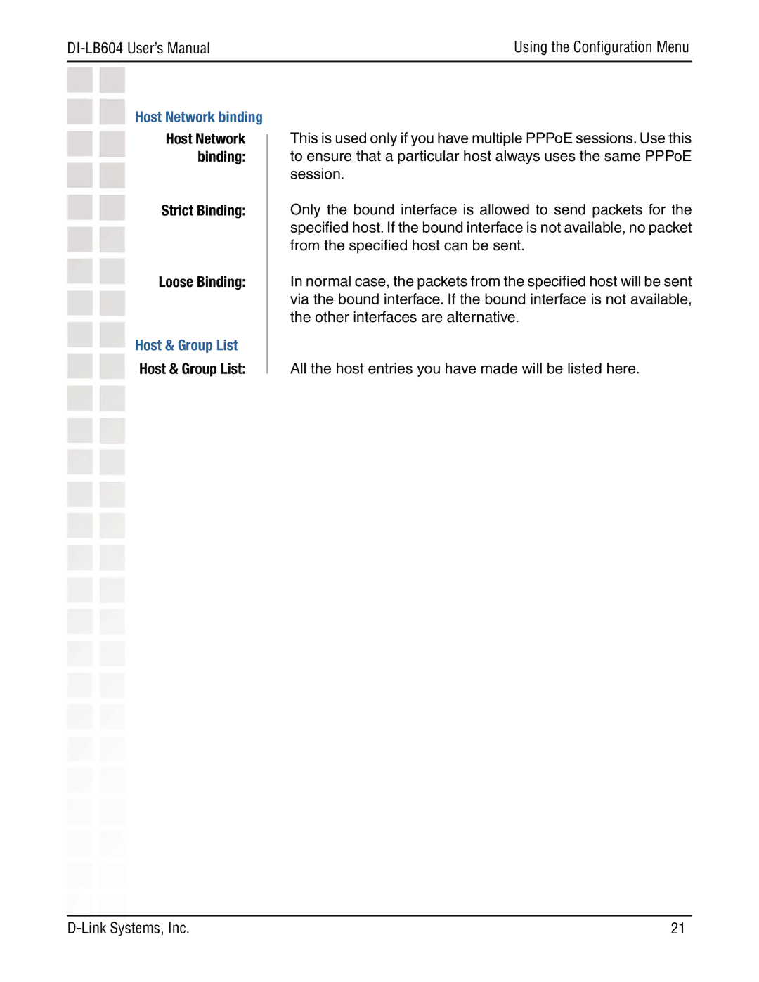 D-Link DI-LB604 manual Host Network binding, Strict Binding Loose Binding, Host & Group List 