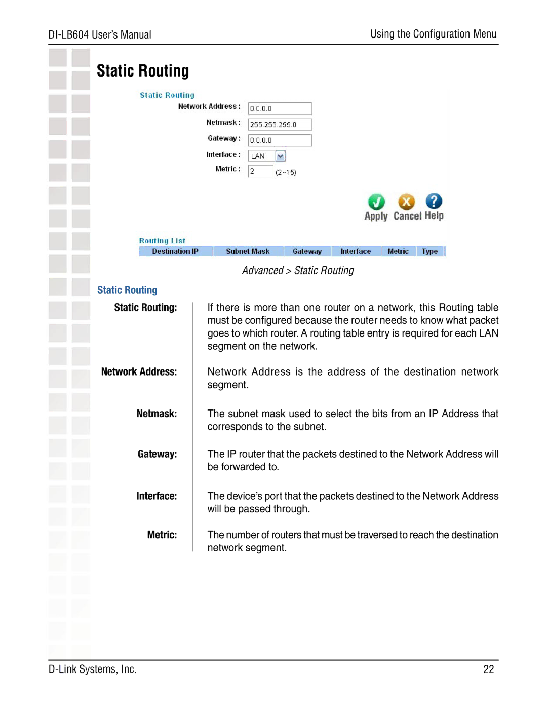 D-Link DI-LB604 manual Advanced Static Routing 