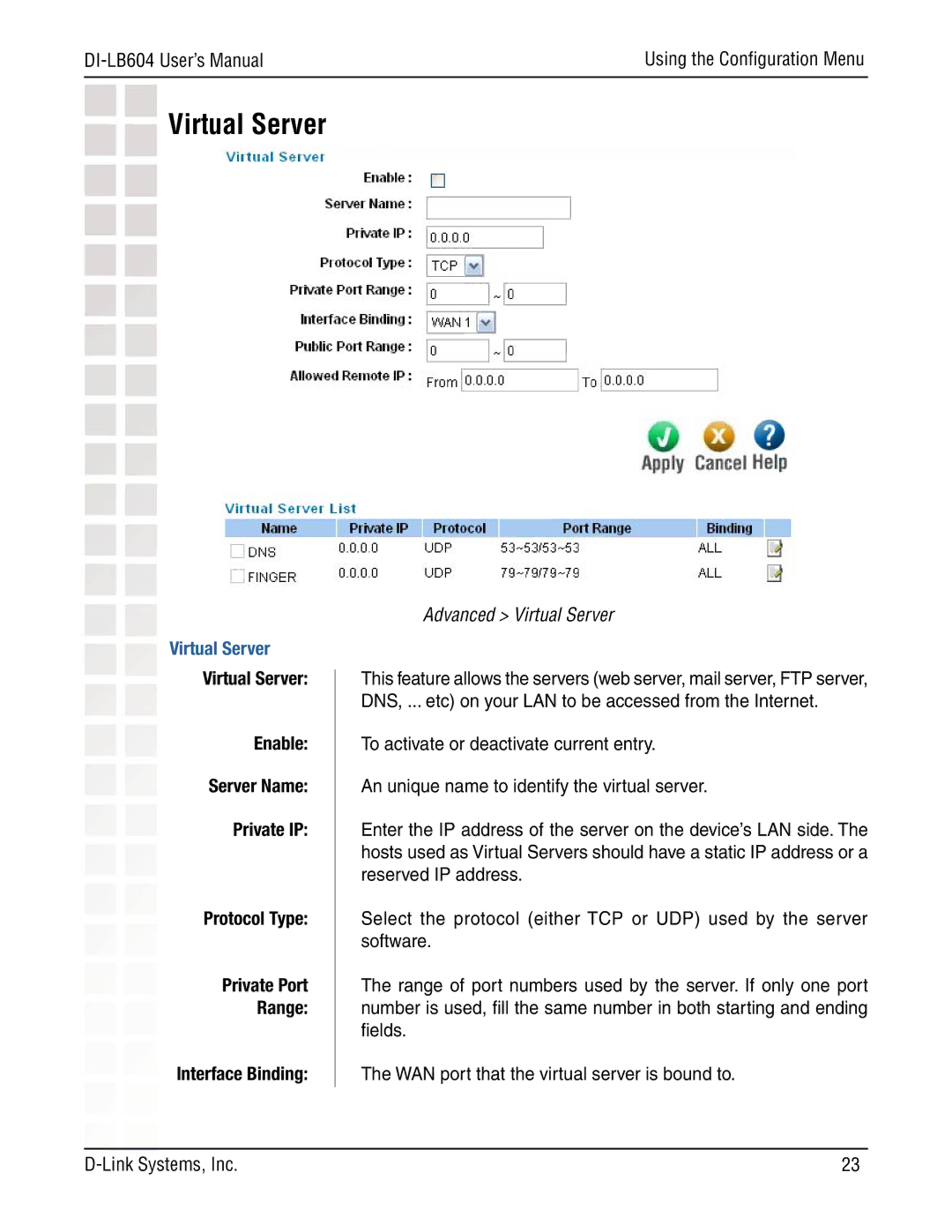 D-Link DI-LB604 manual Advanced Virtual Server 