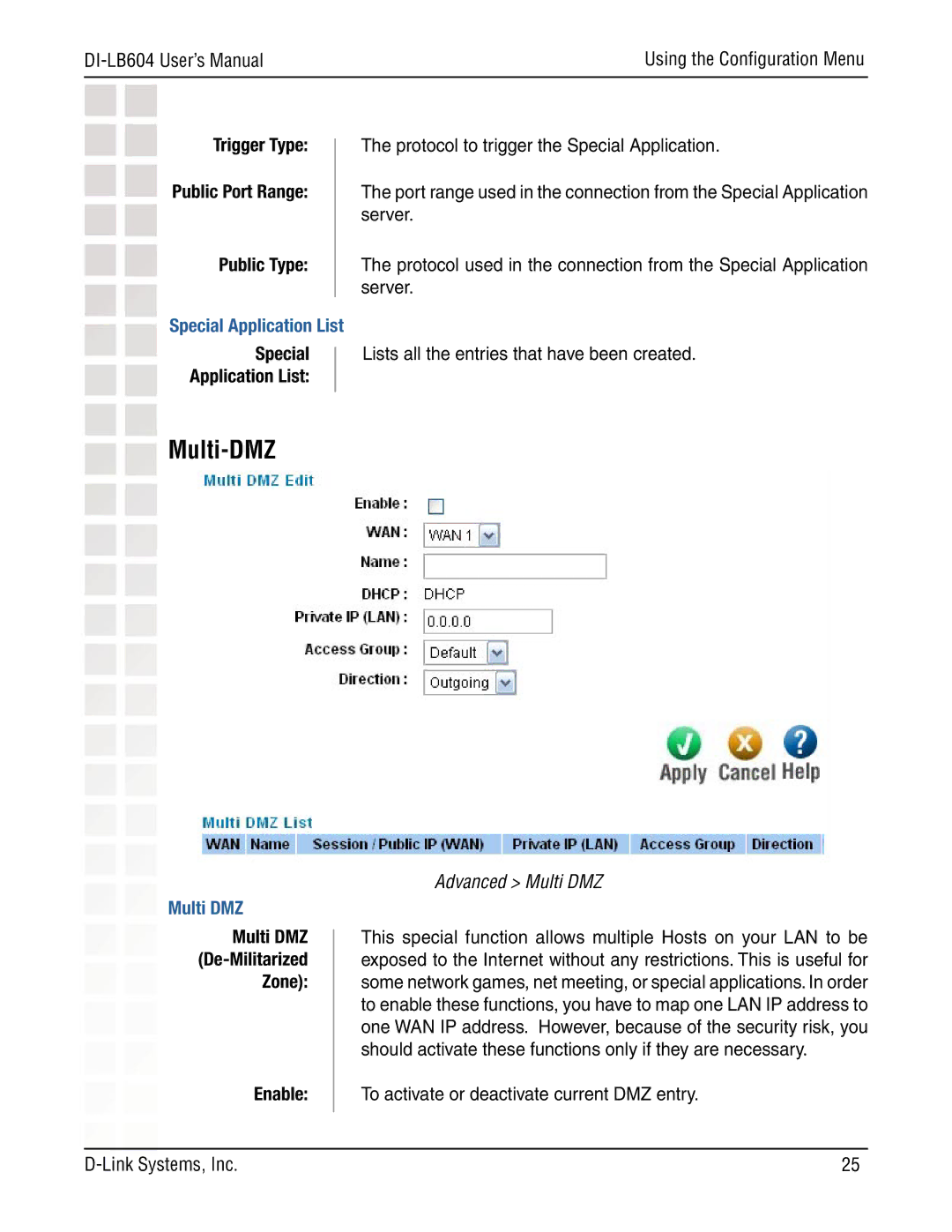 D-Link DI-LB604 manual Special Application List, Advanced Multi DMZ 