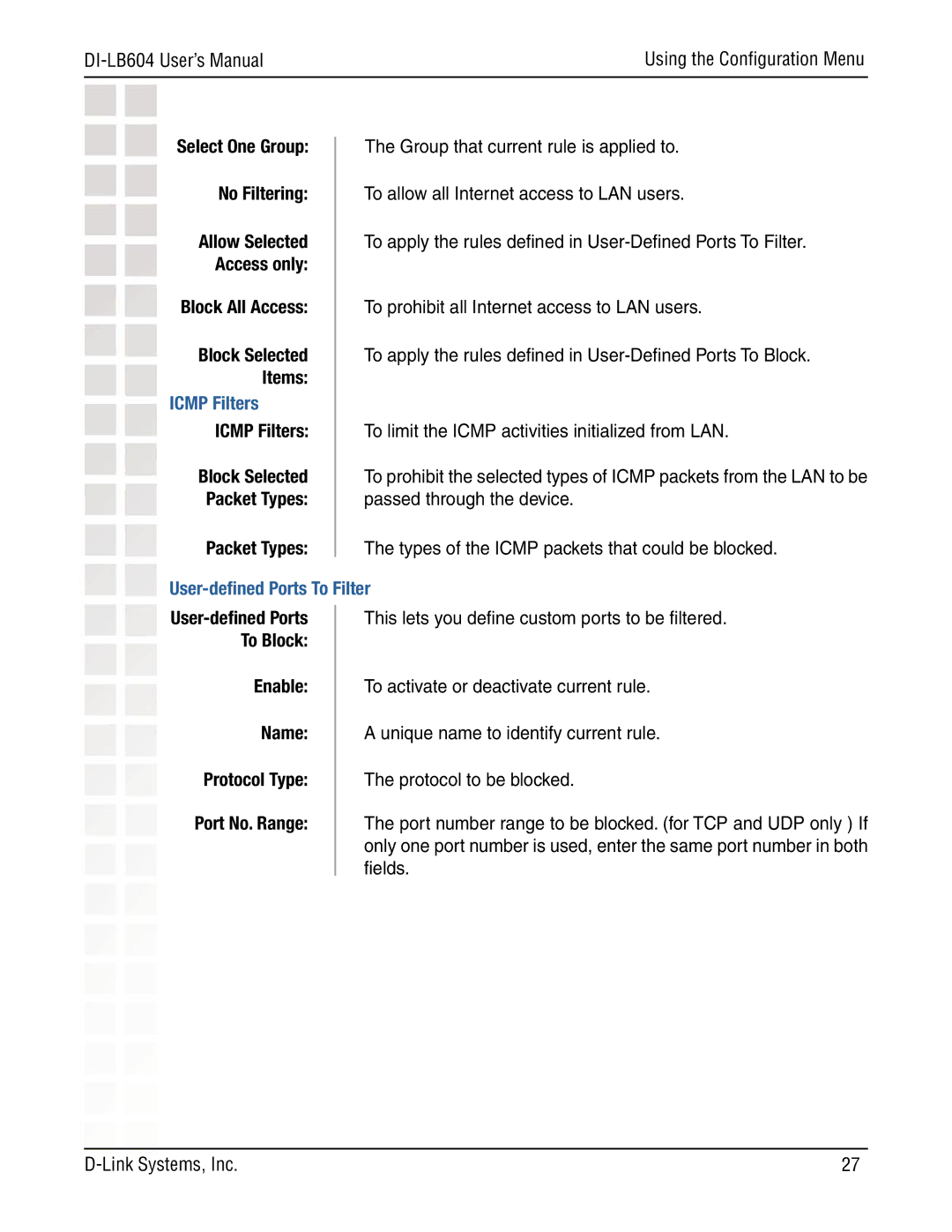 D-Link DI-LB604 manual Icmp Filters, User-deﬁned Ports To Filter 
