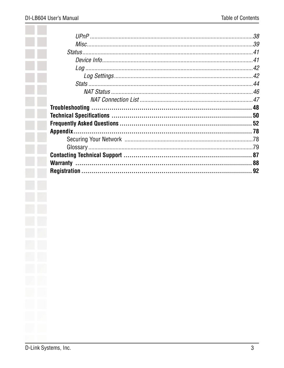 D-Link manual DI-LB604 User’s Manual, UPnP Misc Status Device Info Log, Stats, Securing Your Network Glossary 