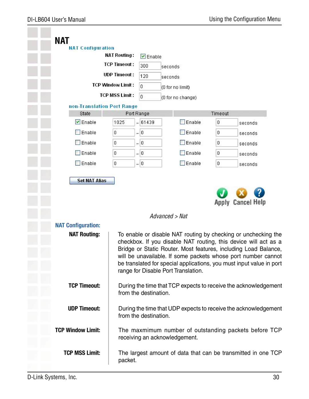 D-Link DI-LB604 manual Advanced Nat, NAT Conﬁguration 