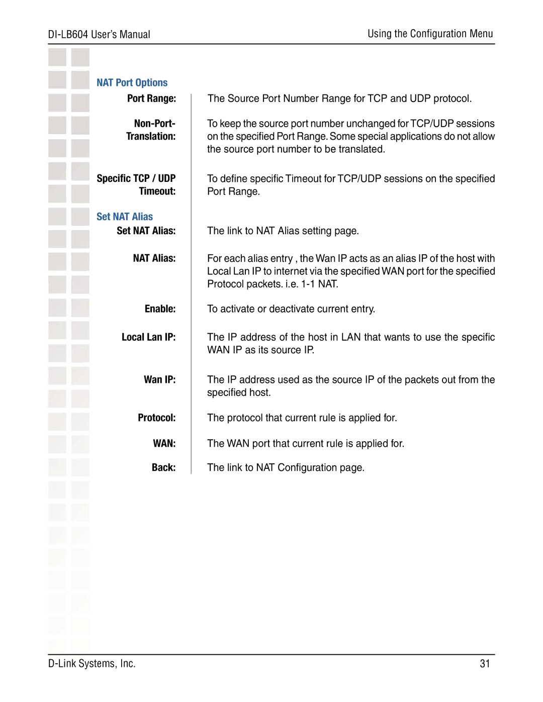 D-Link DI-LB604 manual NAT Port Options, Port Range Non-Port Translation, Set NAT Alias, Back 