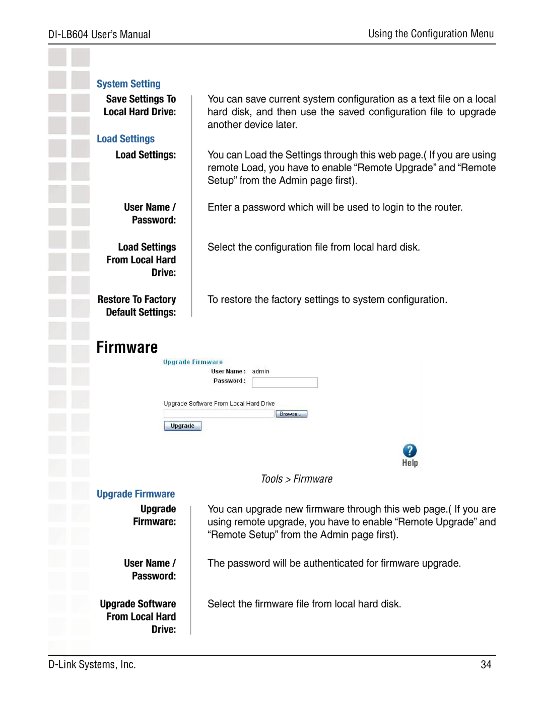 D-Link DI-LB604 manual System Setting, Load Settings, Upgrade Firmware 