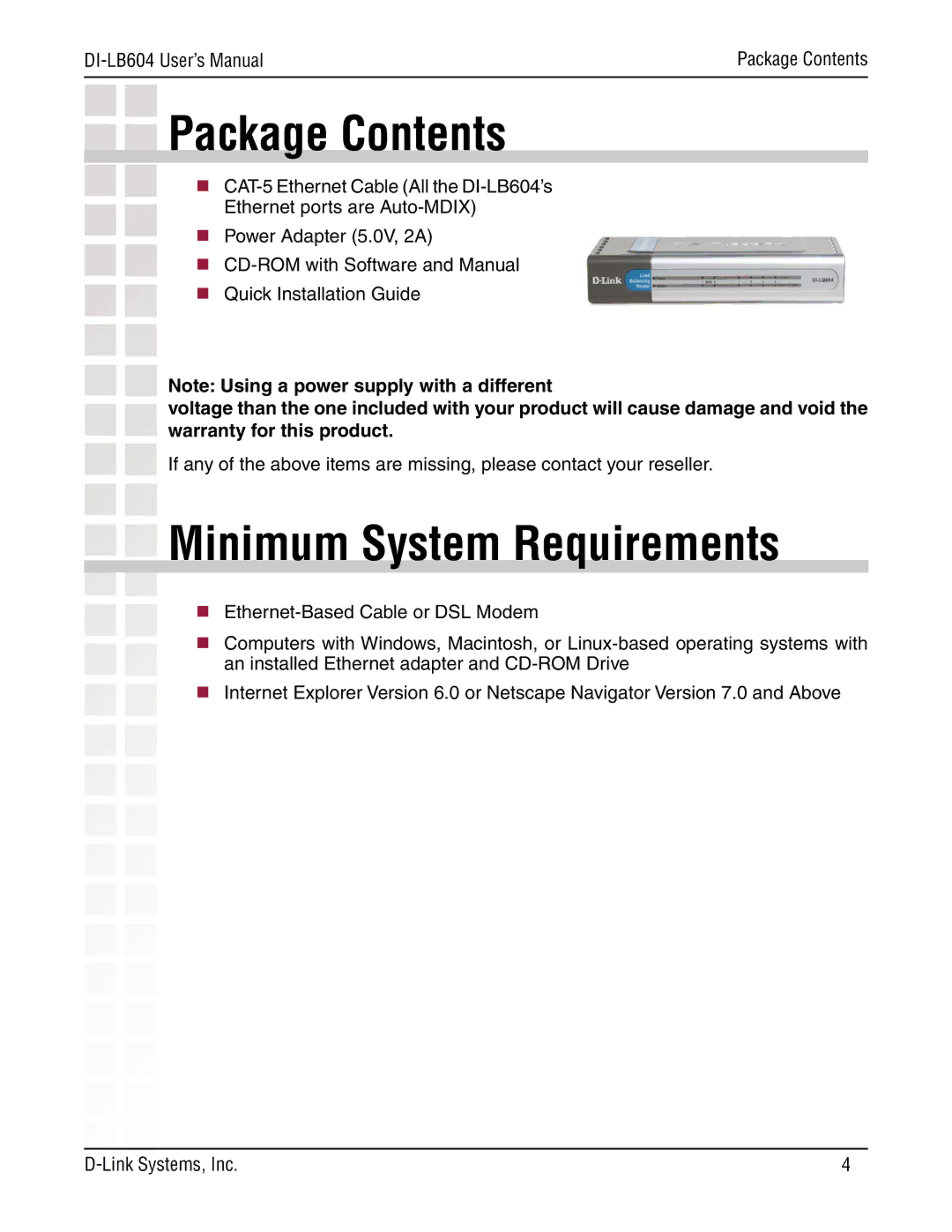 D-Link DI-LB604 manual Package Contents, Minimum System Requirements 