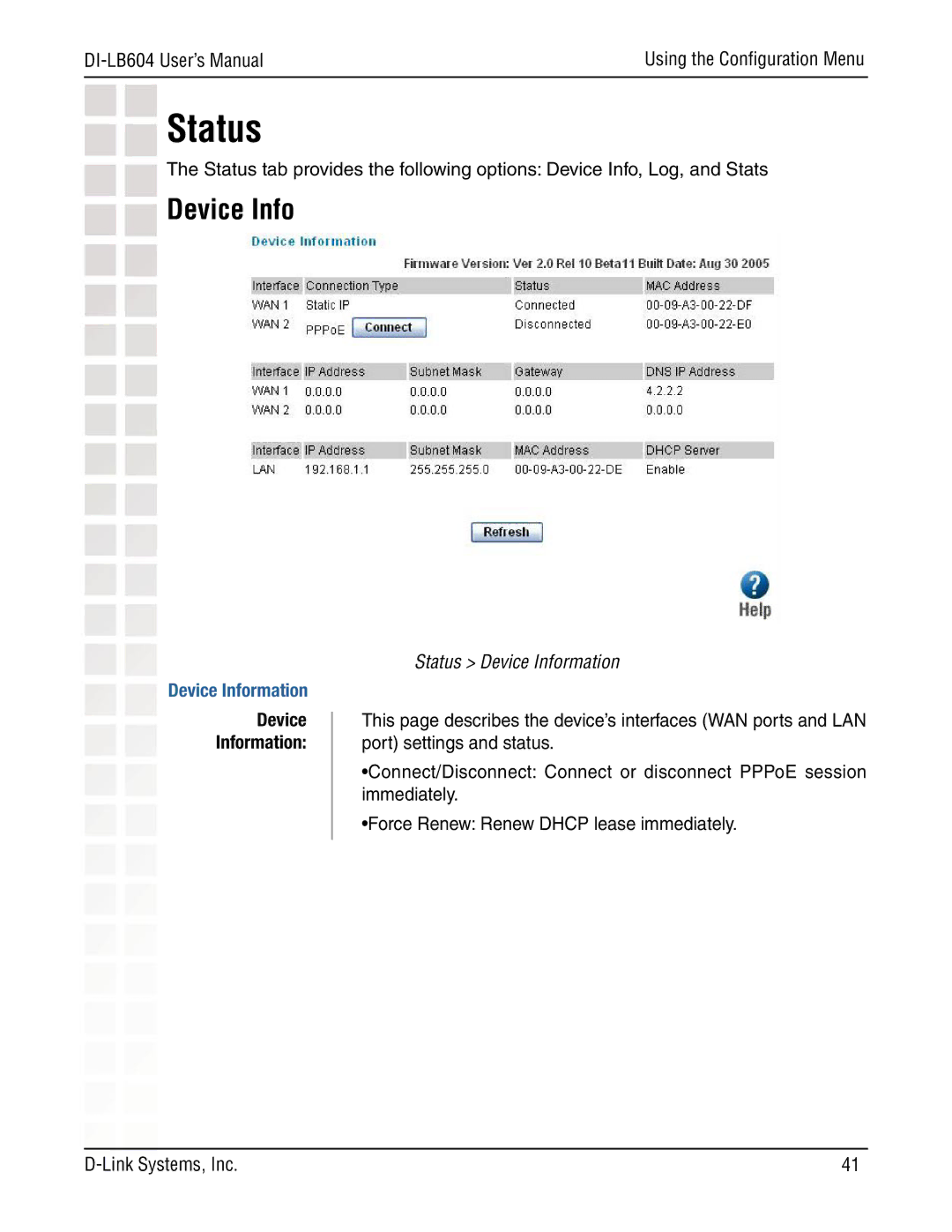 D-Link DI-LB604 manual Status Device Information 