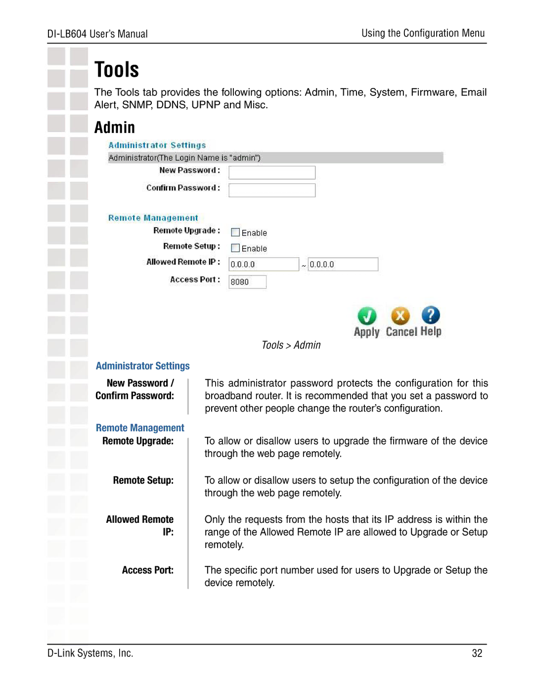 D-Link DI-LB604 manual Admin 