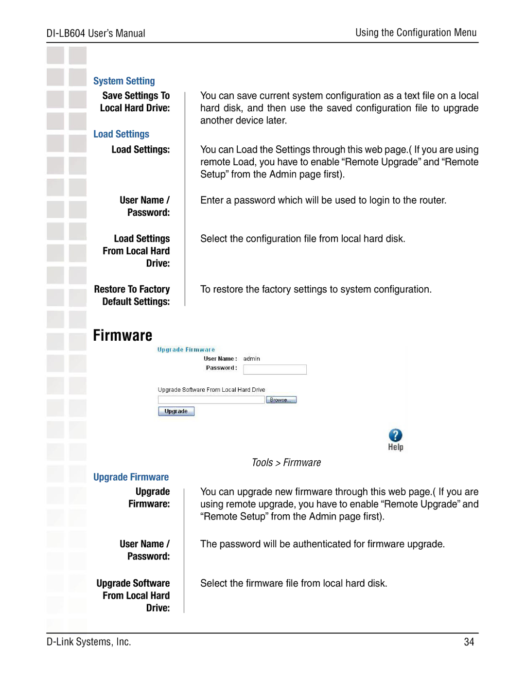 D-Link DI-LB604 manual System Setting, Load Settings, Upgrade Firmware 