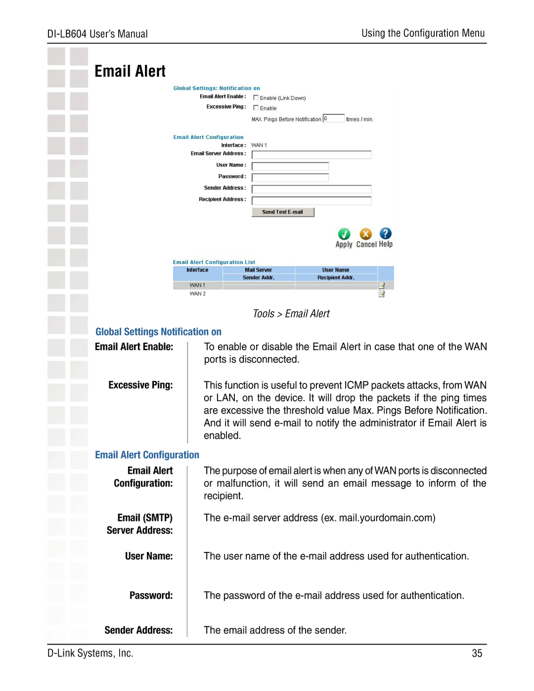 D-Link DI-LB604 manual Email Alert, Global Settings Notiﬁcation on 