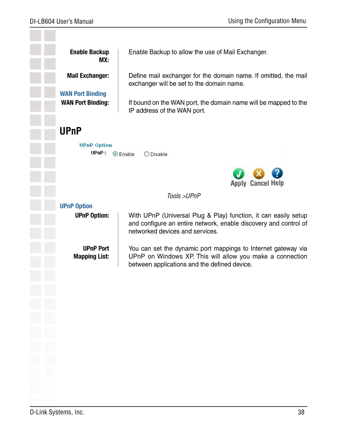 D-Link DI-LB604 manual WAN Port Binding, UPnP Option 