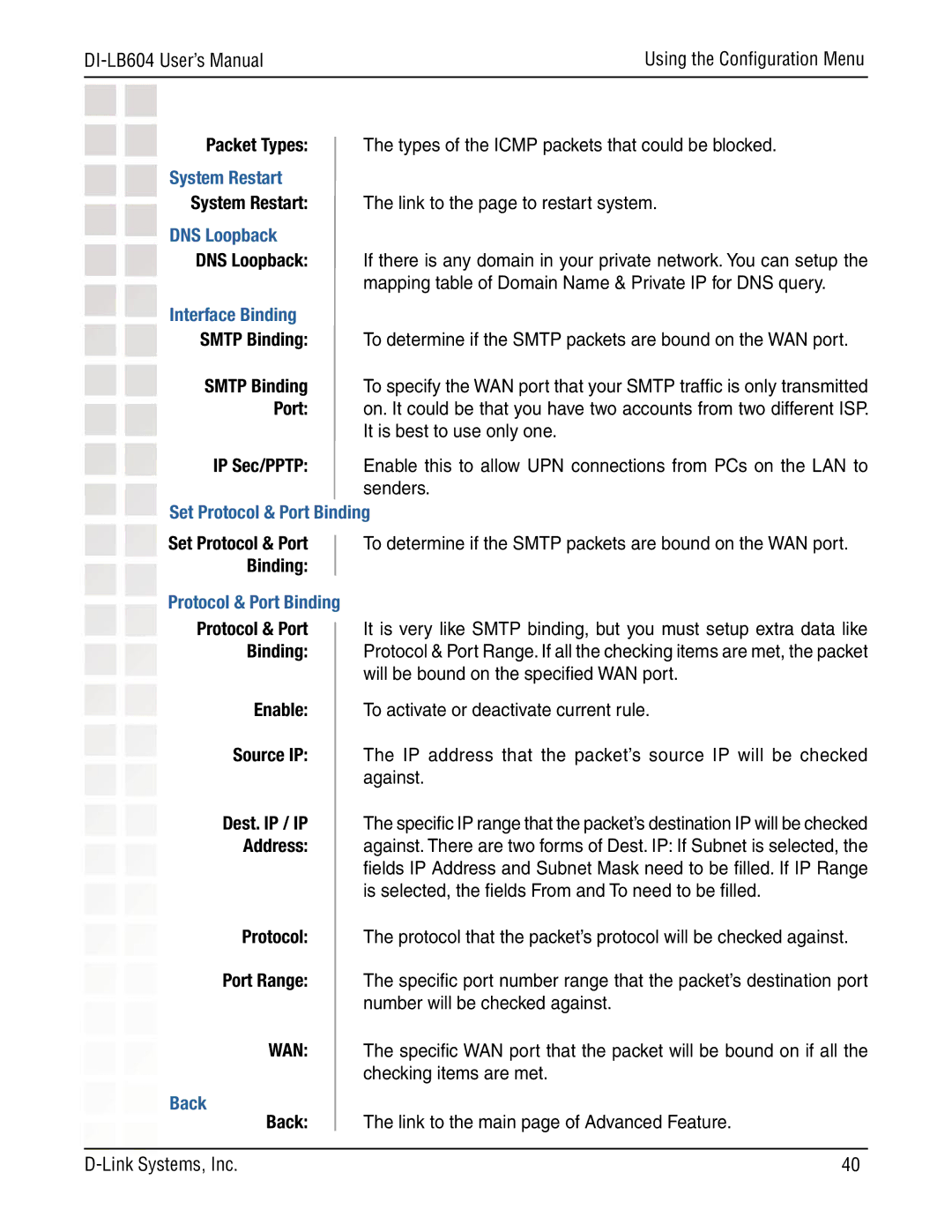 D-Link DI-LB604 manual System Restart, DNS Loopback, Interface Binding, Set Protocol & Port Binding, Back 