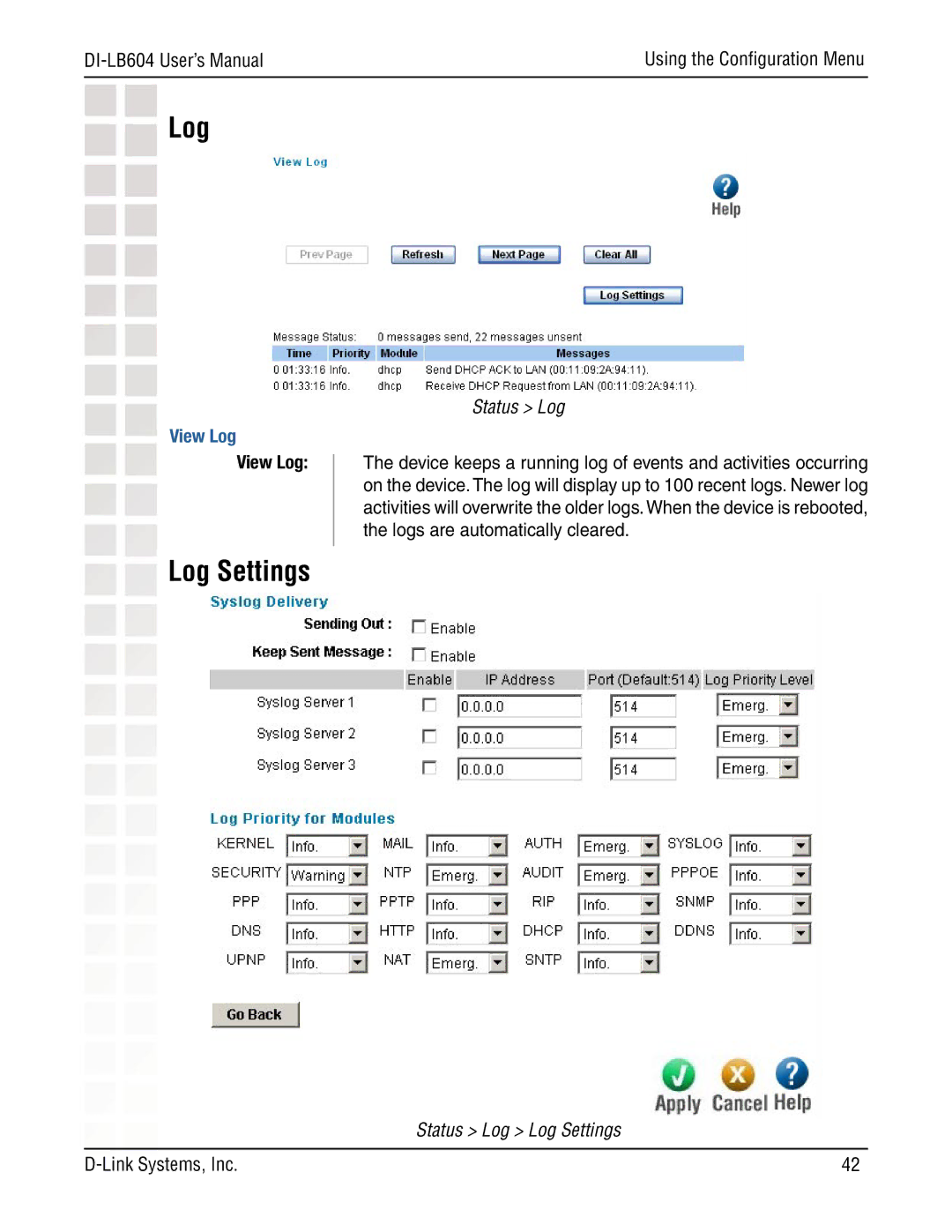 D-Link DI-LB604 manual Log Settings, View Log, Status Log 