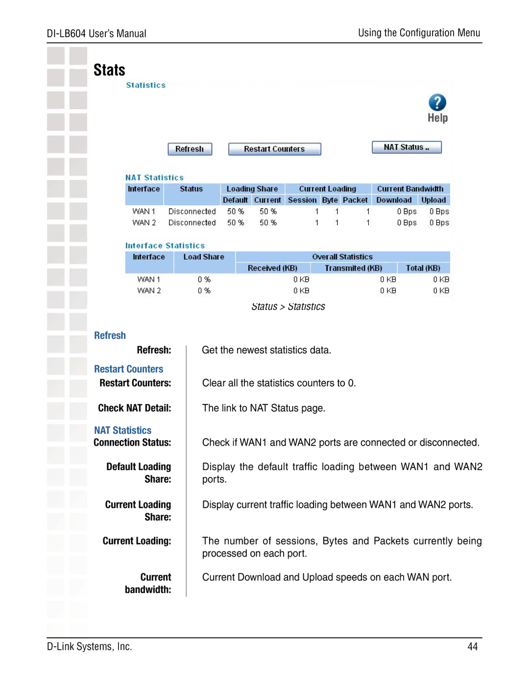 D-Link DI-LB604 manual Stats, Refresh, Restart Counters 