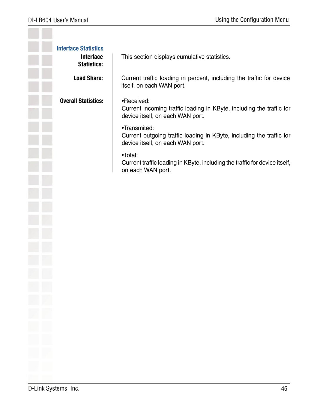 D-Link DI-LB604 manual Interface Statistics Load Share Overall Statistics 