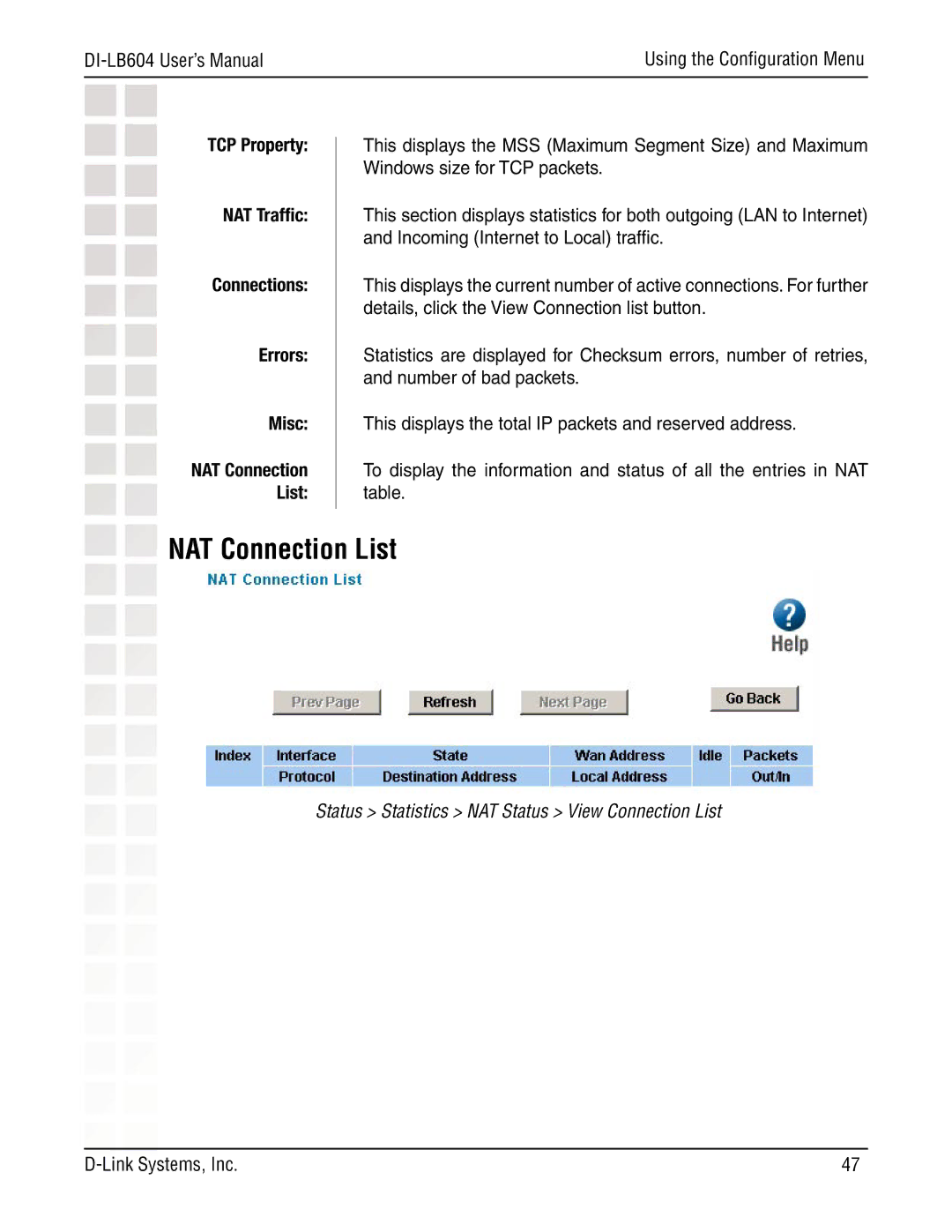 D-Link DI-LB604 manual NAT Connection List, TCP Property NAT Trafﬁc Connections Errors Misc 