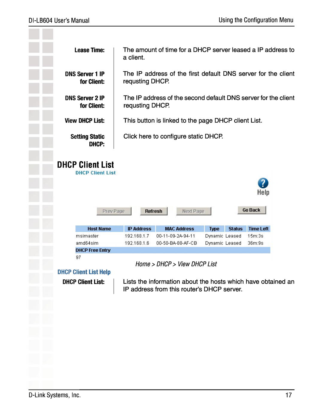 D-Link DI-LB604 manual Lease Time, View DHCP List Setting Static DHCP, DHCP Client List Help, Home DHCP View DHCP List 