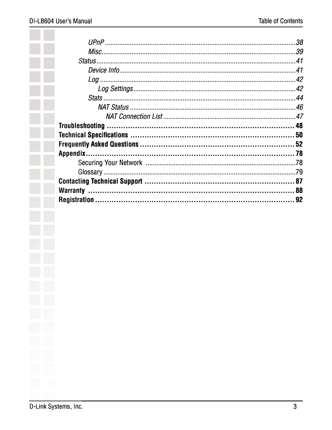 D-Link DI-LB604 Log Settings, NAT Status, NAT Connection List, Troubleshooting, Technical Speciﬁcations, Appendix, UPnP 