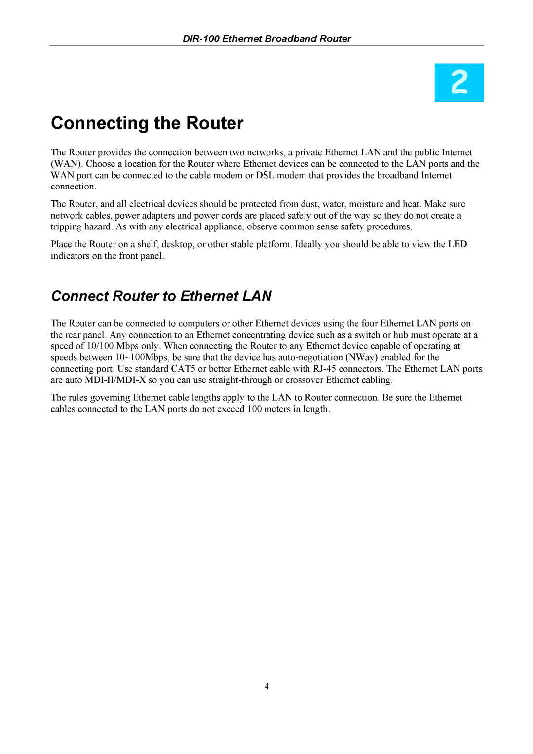 D-Link DIR-100 user manual Connecting the Router 