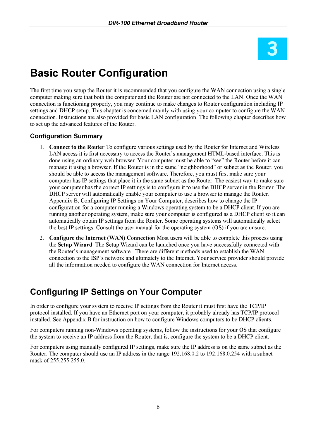 D-Link DIR-100 user manual Configuring IP Settings on Your Computer, Configuration Summary 