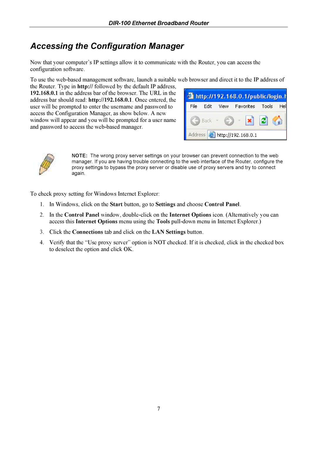 D-Link DIR-100 user manual Accessing the Configuration Manager 