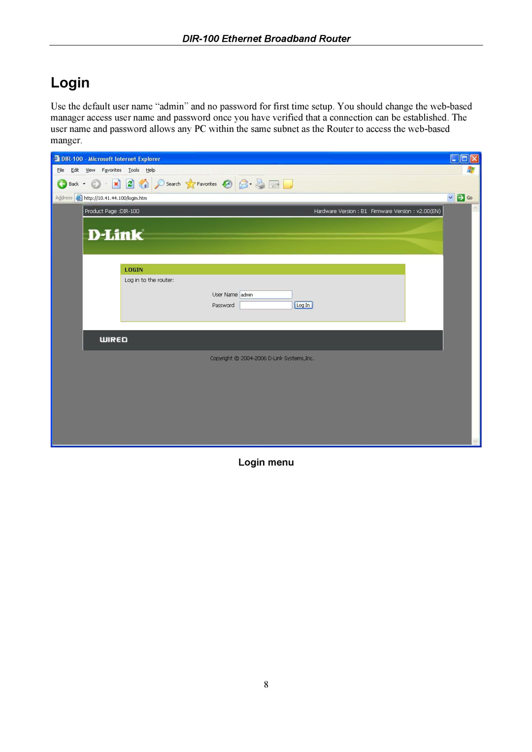 D-Link DIR-100 user manual Login menu 