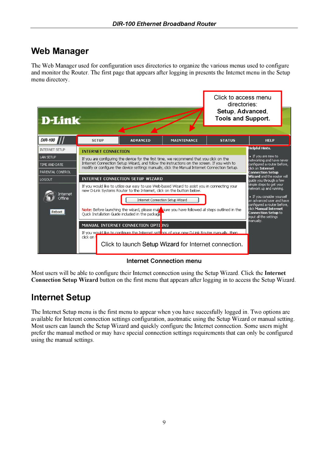 D-Link DIR-100 user manual Web Manager, Internet Setup, Internet Connection menu 