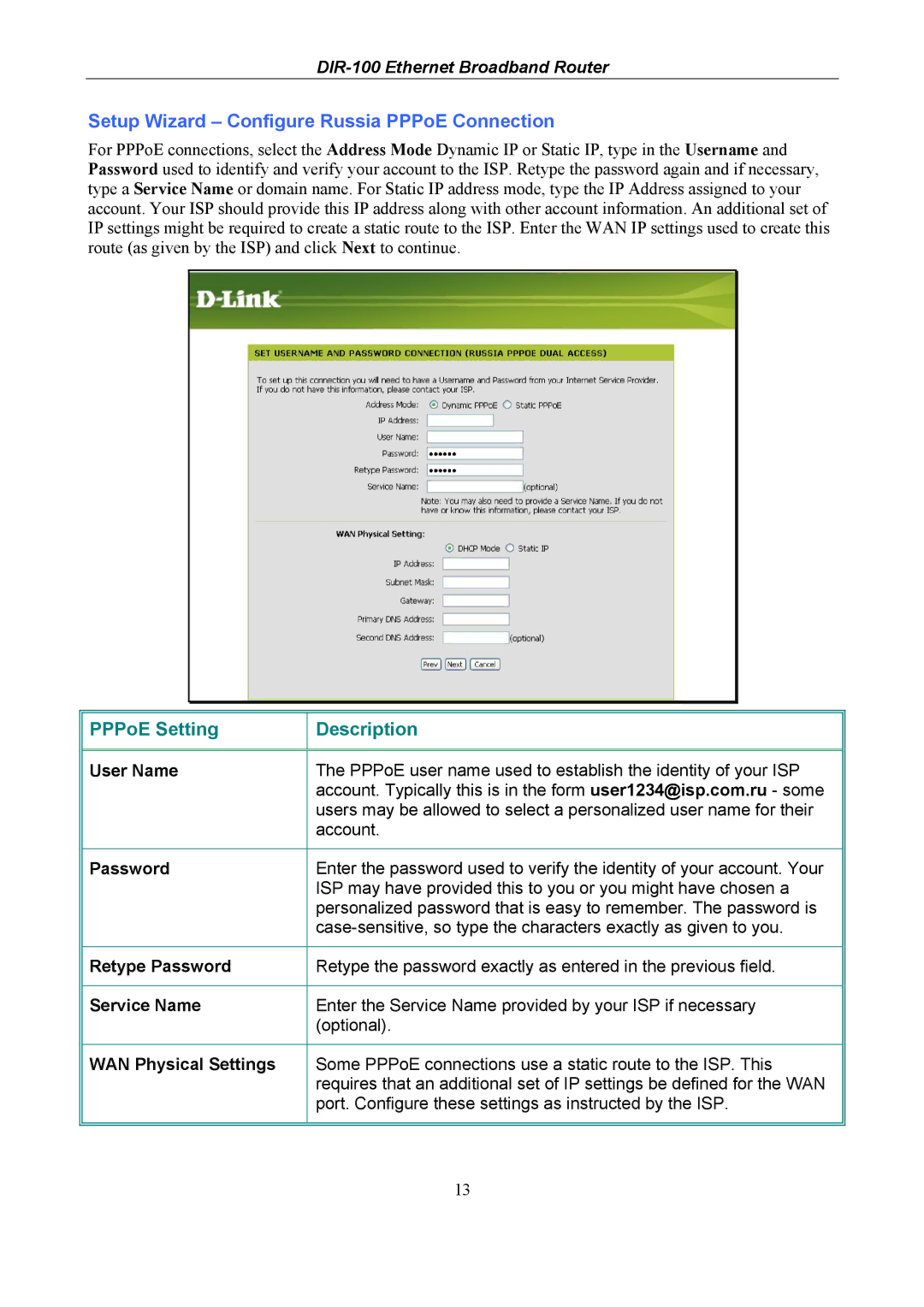 D-Link DIR-100 user manual Setup Wizard Configure Russia PPPoE Connection, WAN Physical Settings 