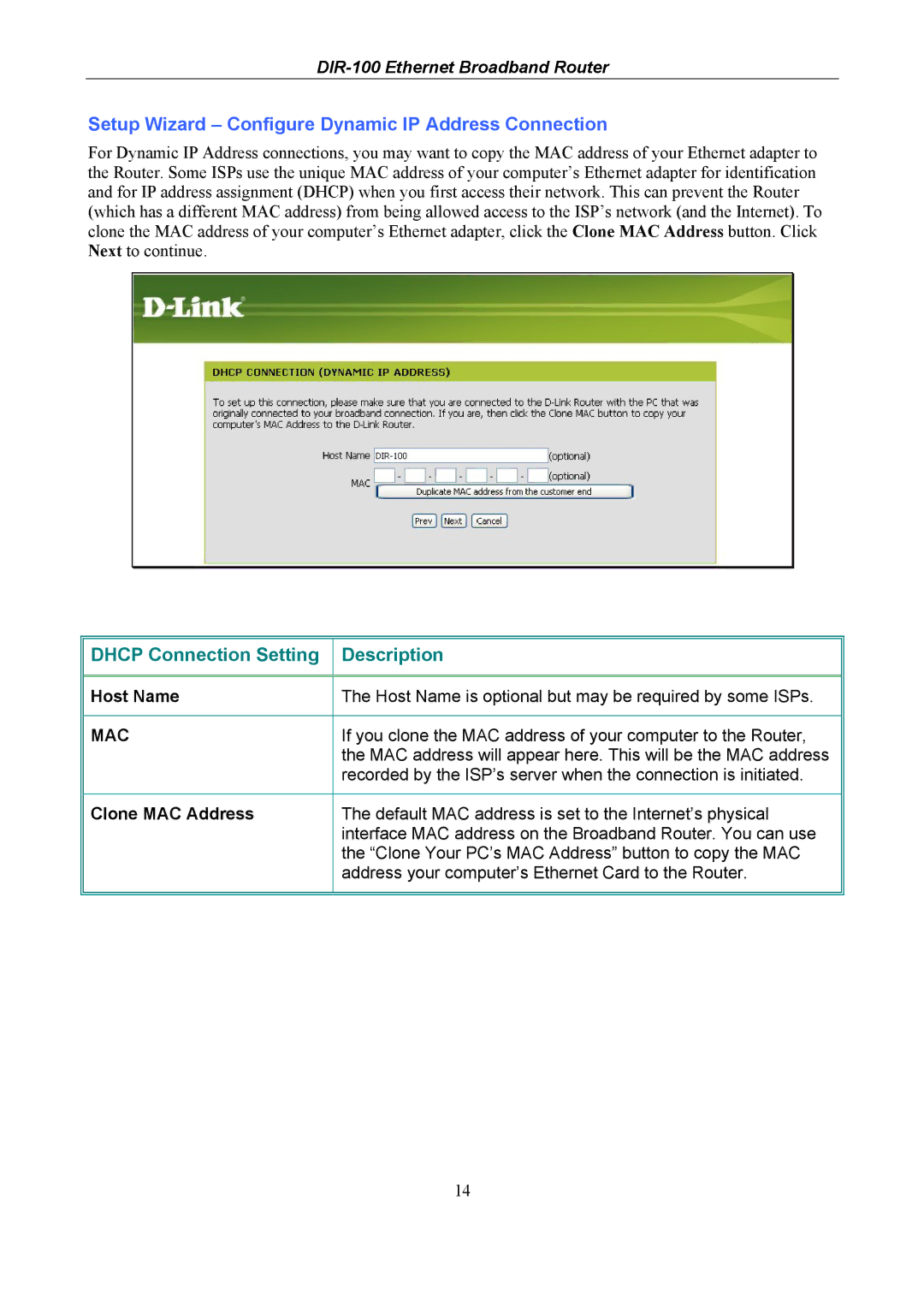 D-Link DIR-100 user manual Setup Wizard Configure Dynamic IP Address Connection, Host Name, Clone MAC Address 