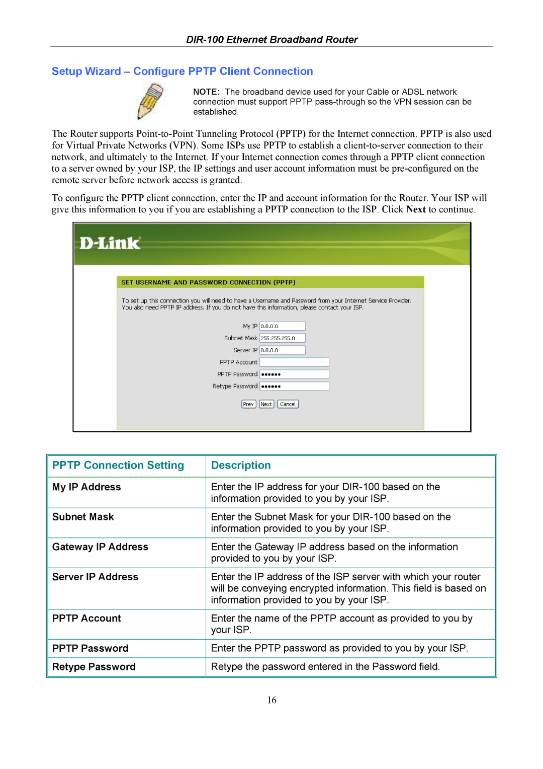 D-Link DIR-100 user manual Setup Wizard Configure Pptp Client Connection 