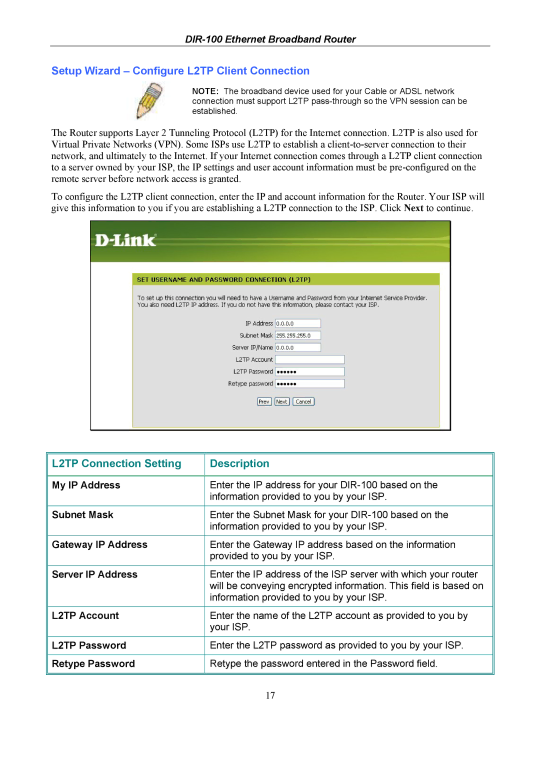 D-Link DIR-100 user manual Setup Wizard Configure L2TP Client Connection, L2TP Account, L2TP Password 