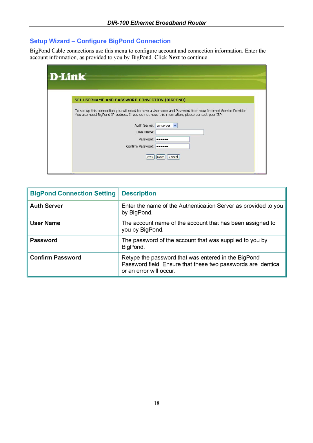 D-Link DIR-100 user manual Setup Wizard Configure BigPond Connection, Auth Server, Confirm Password 