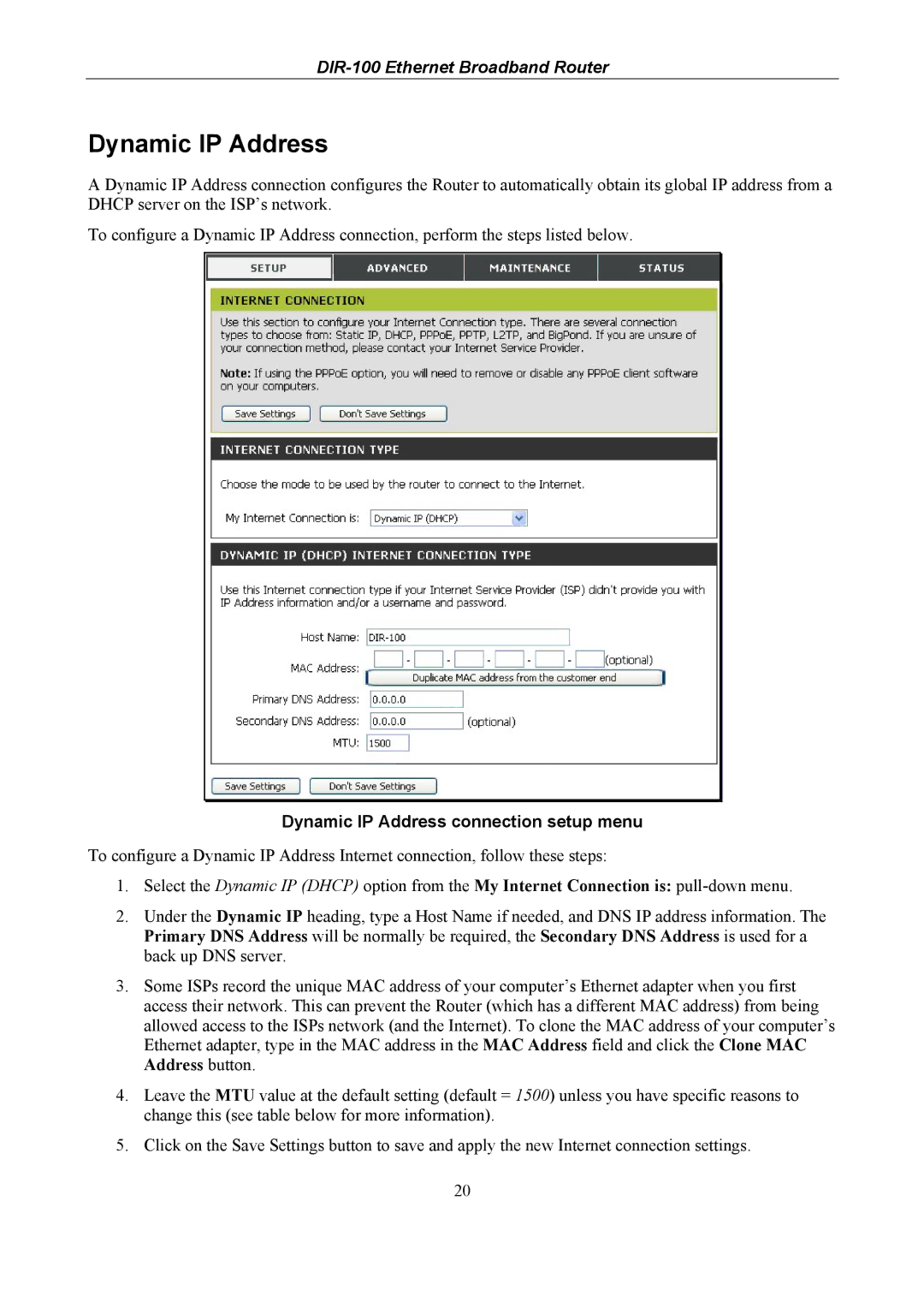 D-Link DIR-100 user manual Dynamic IP Address connection setup menu 