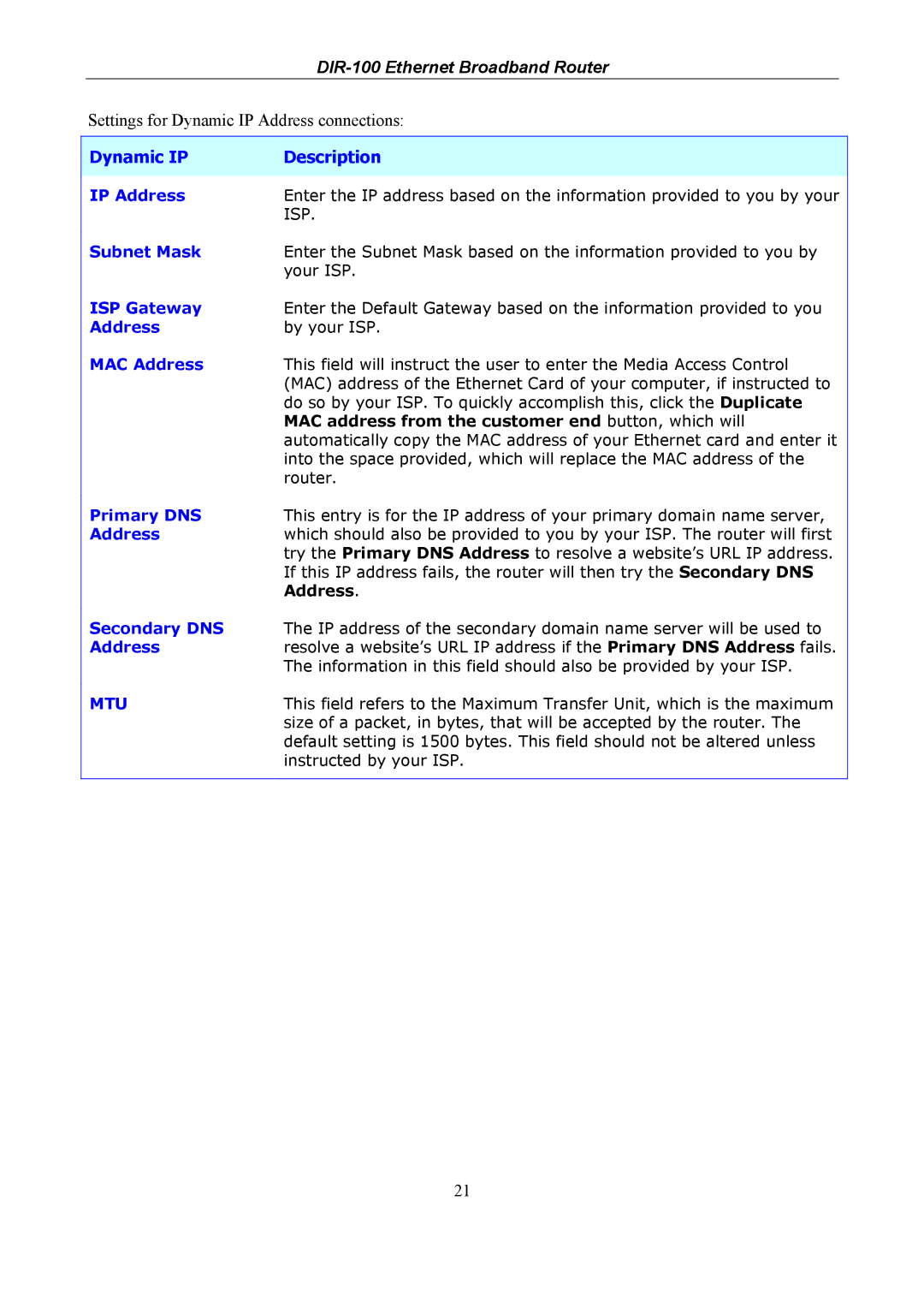 D-Link DIR-100 user manual Dynamic IP Description 