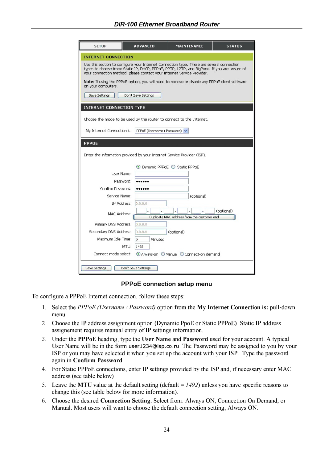 D-Link DIR-100 user manual PPPoE connection setup menu 