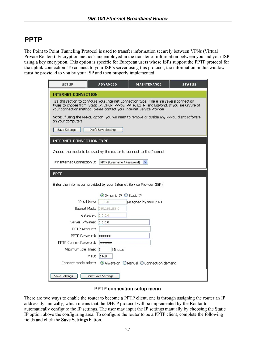 D-Link DIR-100 user manual Pptp connection setup menu 