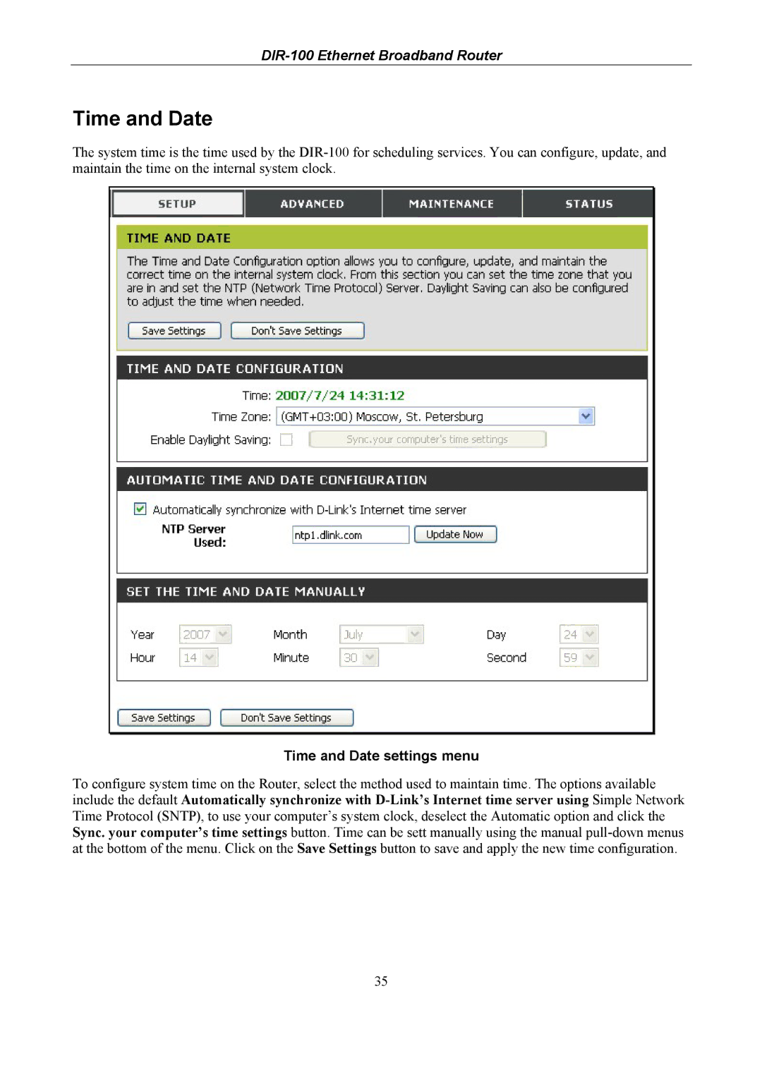 D-Link DIR-100 user manual Time and Date settings menu 