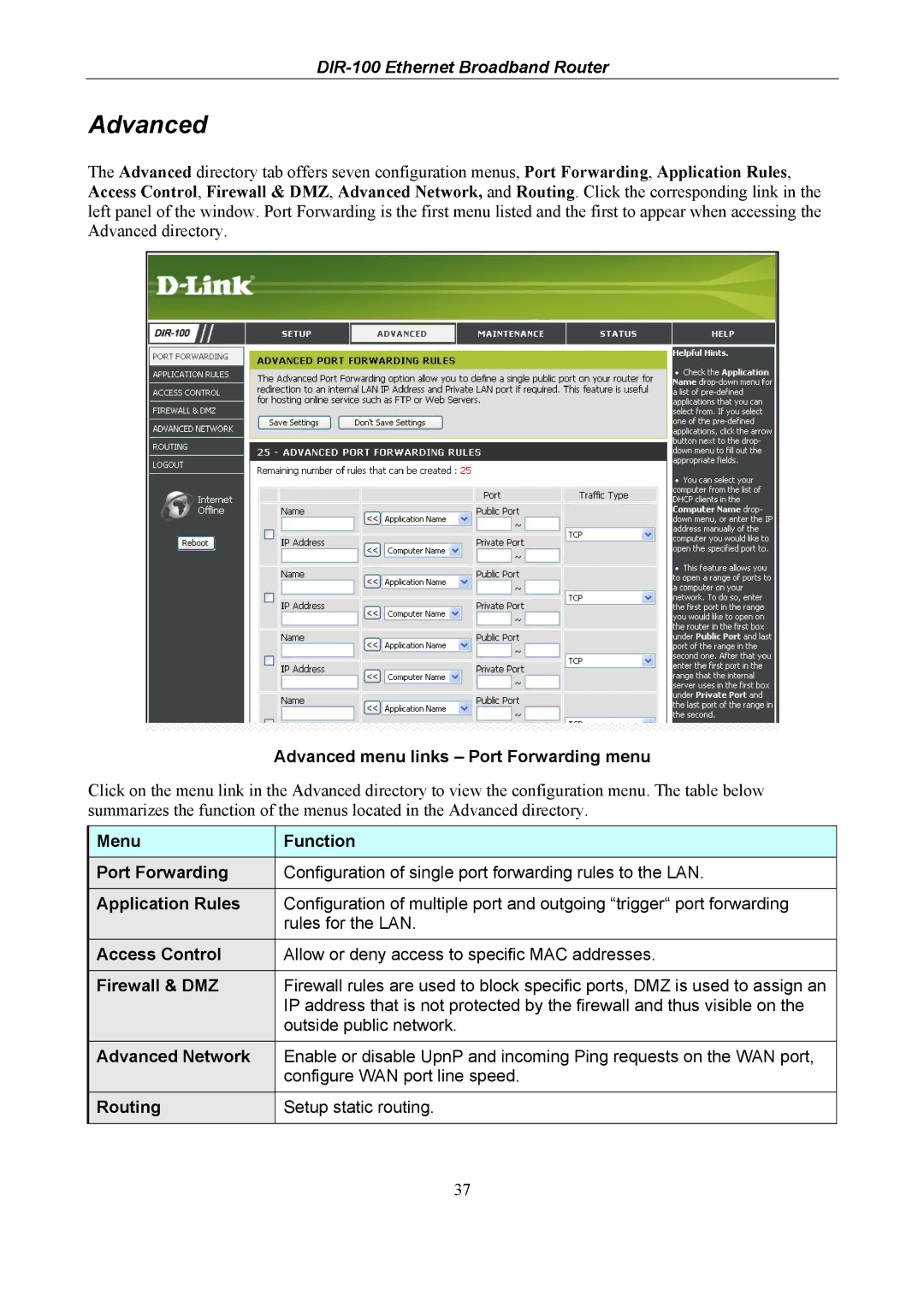 D-Link DIR-100 Advanced menu links Port Forwarding menu, Menu Function Port Forwarding, Application Rules, Access Control 