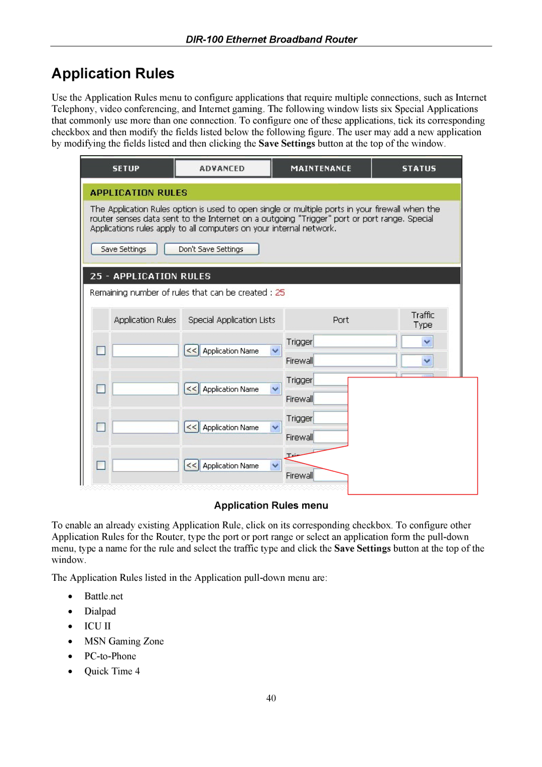 D-Link DIR-100 user manual Application Rules menu 