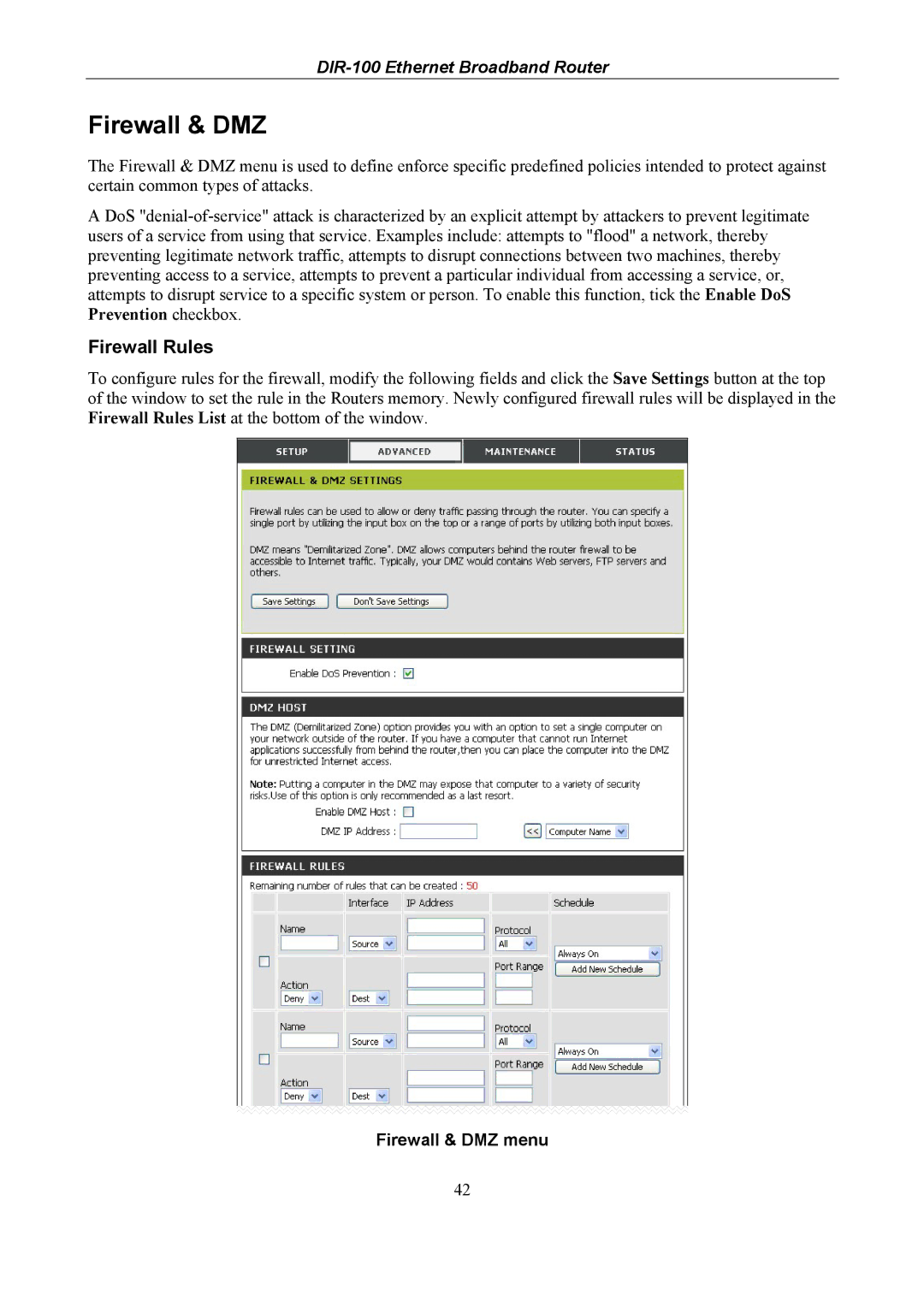 D-Link DIR-100 user manual Firewall Rules, Firewall & DMZ menu 