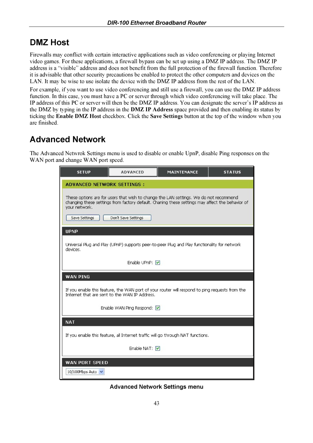 D-Link DIR-100 user manual DMZ Host, Advanced Network Settings menu 