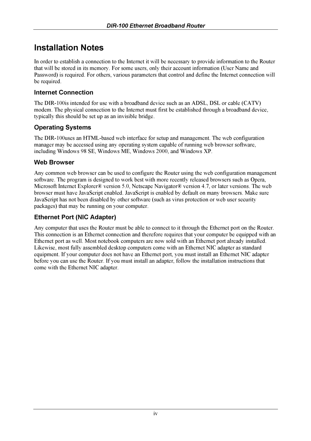 D-Link DIR-100 Installation Notes, Internet Connection, Operating Systems, Web Browser, Ethernet Port NIC Adapter 